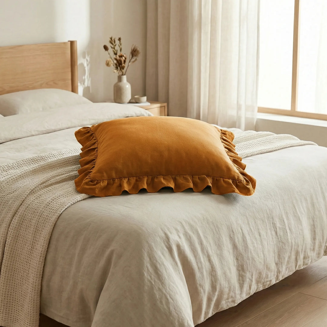 Elegant ruffled cushion cover, high-quality soft fabric for living room or bedroom decor.