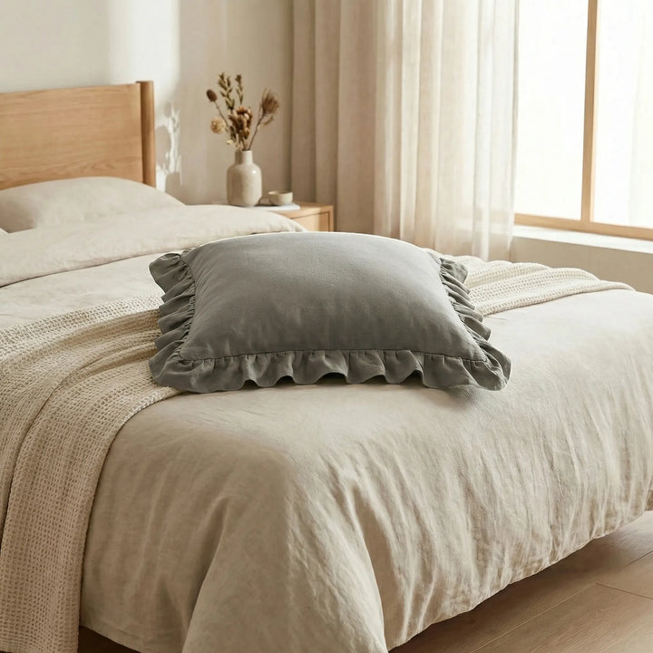 Home decor ruffled square pillow slip, creating a sophisticated and inviting atmosphere.