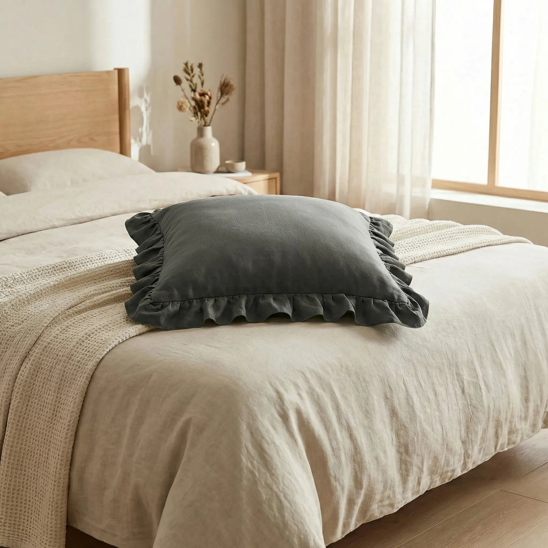 Soft touch ruffled throw pillow cover, a beautiful decorative piece for any home.