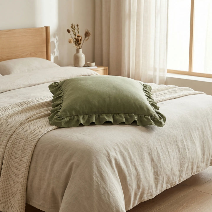 Decorative ruffled pillow slip, adds a touch of sophistication to any living space.