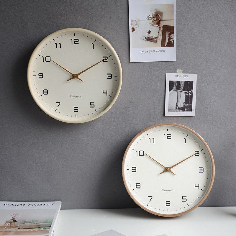 Scandinavian Minimalist Wooden Wall Clock, solid wood, brown and cream, elegant circular design, silent quartz movement.