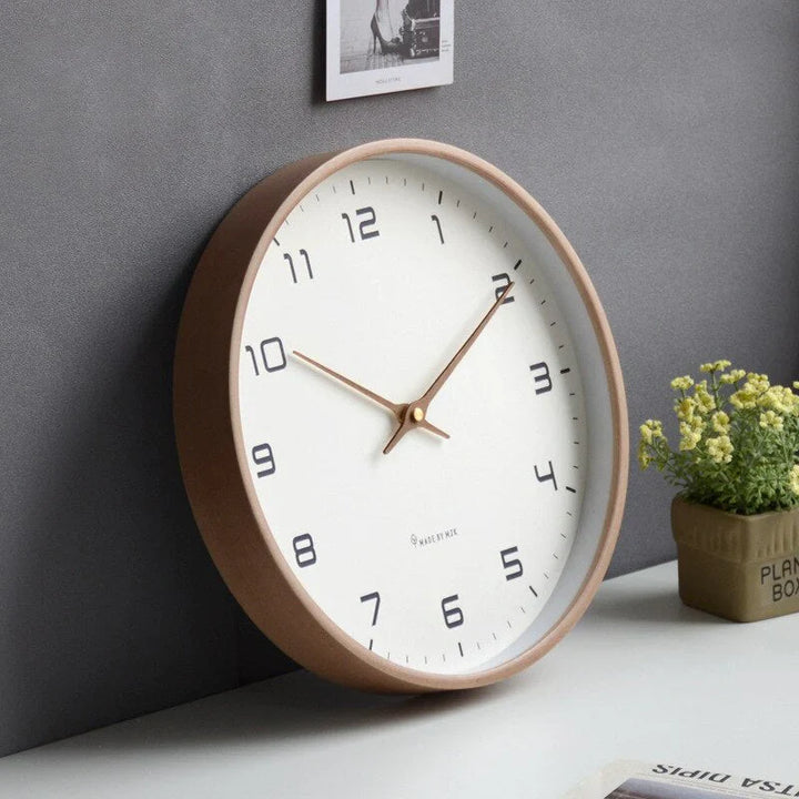 Scandinavian Minimalist Wooden Wall Clock, solid wood, brown and cream, elegant circular design, silent quartz movement.