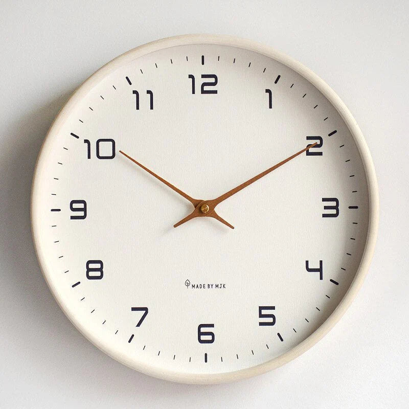 Scandinavian Minimalist Wooden Wall Clock, solid wood, brown and cream, elegant circular design, silent quartz movement.