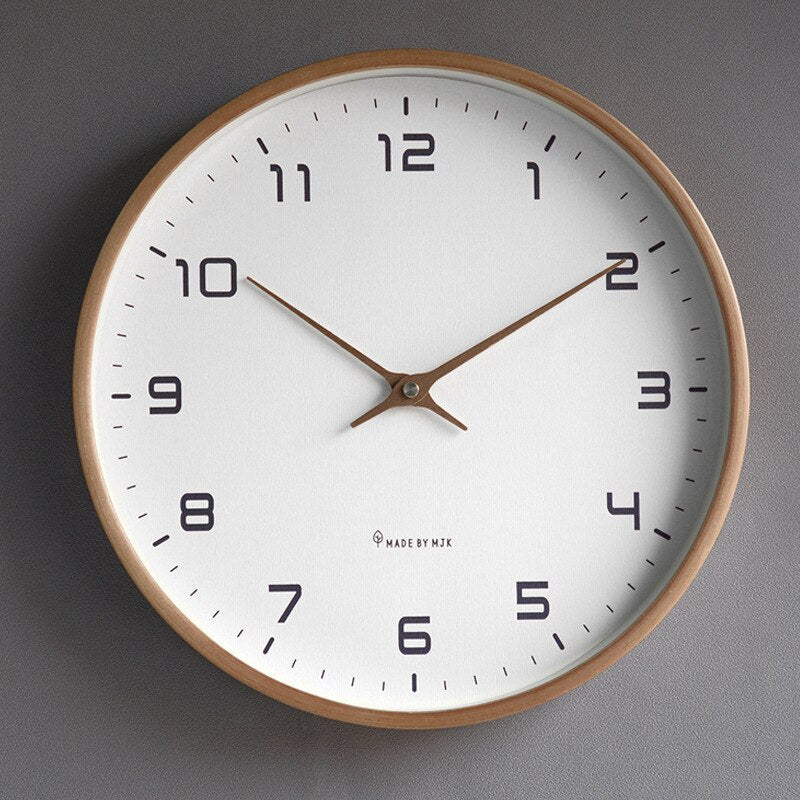 Scandinavian Minimalist Wooden Wall Clock, solid wood, brown and cream, elegant circular design, silent quartz movement.