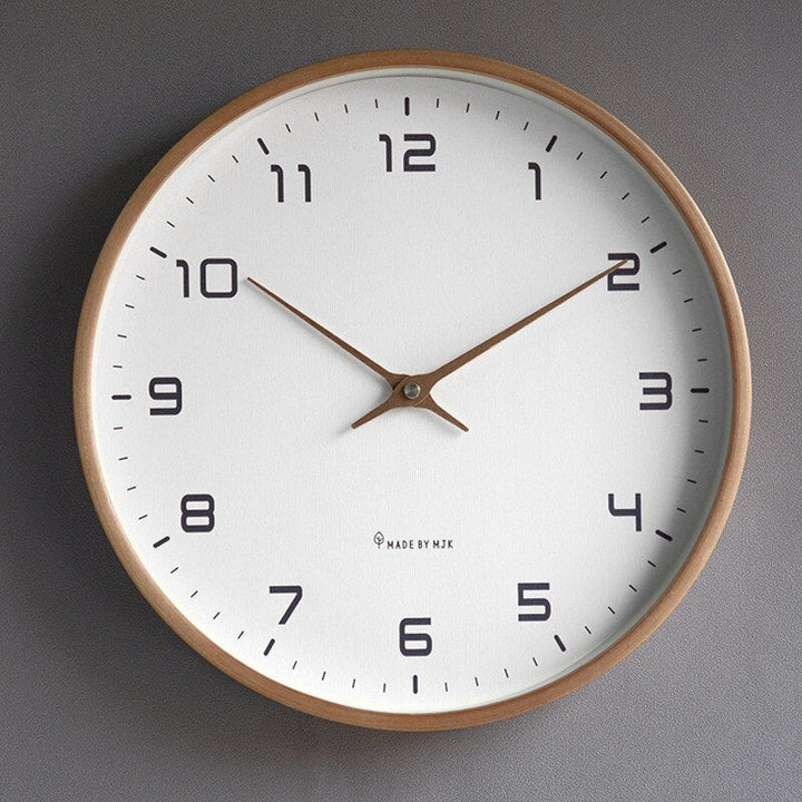 Scandinavian Minimalist Wooden Wall Clock, solid wood, brown and cream, elegant circular design, silent quartz movement.