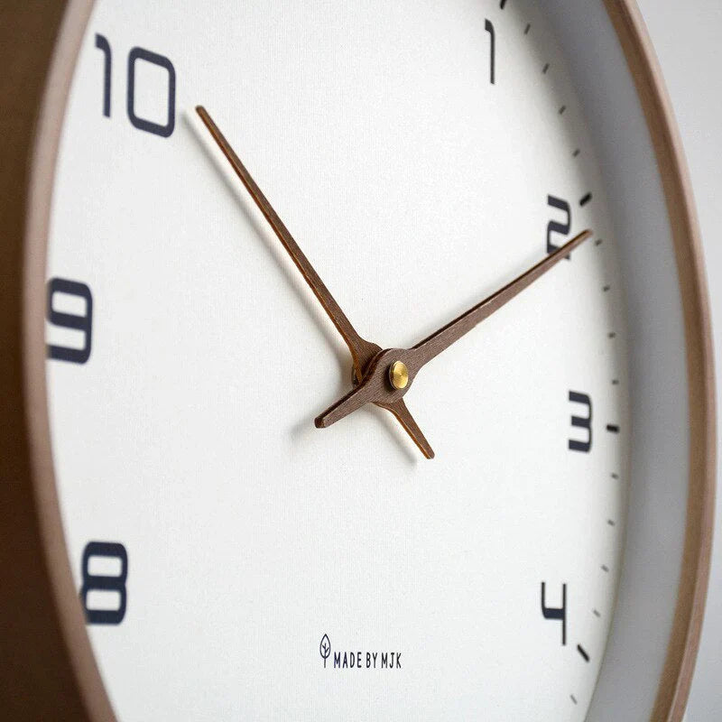 Scandinavian Minimalist Wooden Wall Clock, solid wood, brown and cream, elegant circular design, silent quartz movement.