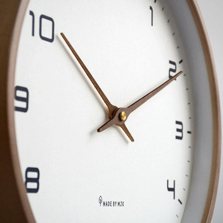 Scandinavian Minimalist Wooden Wall Clock, solid wood, brown and cream, elegant circular design, silent quartz movement.