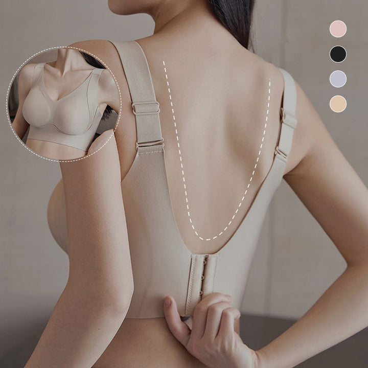 Close-up of a women's seamless wire-free lifting bra, highlighting the comfortable full coverage cups.