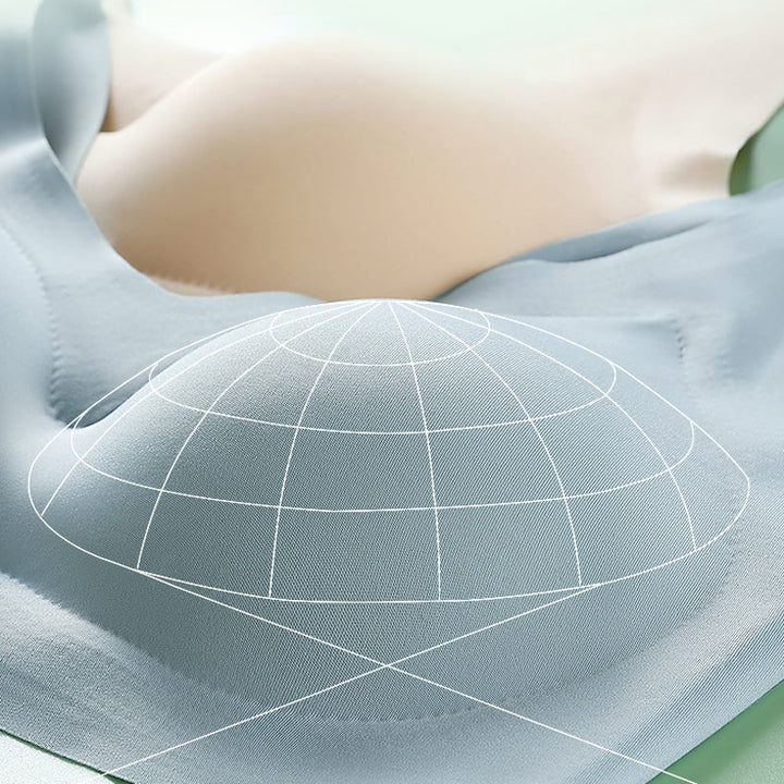 Model wearing a pink seamless wireless breathable comfort bra, showcasing its flattering fit and support