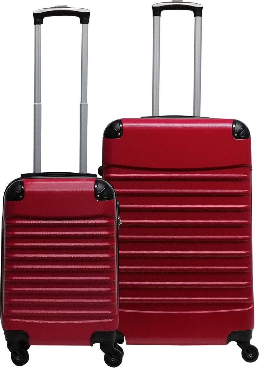 Red hardshell luggage set with smooth spinner wheels. Includes carry-on & checked sizes for easy trips.