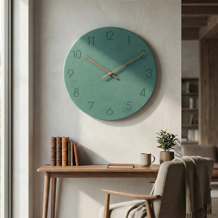 Decorative silent round wall clock, simple modern aesthetic, great for living room or office.