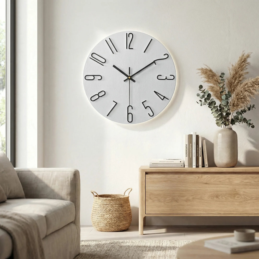 Silent round wall clock, modern design for elegant home decor in living rooms or bedrooms.