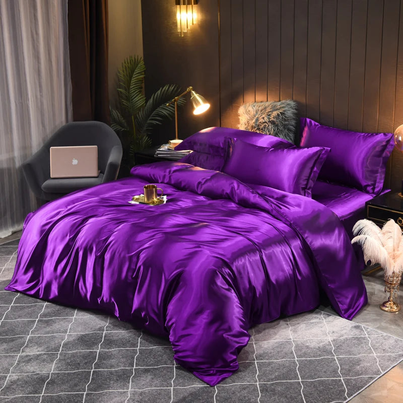 Complete silky satin bedding set with duvet cover, fitted sheet, and pillowcases for luxury.
