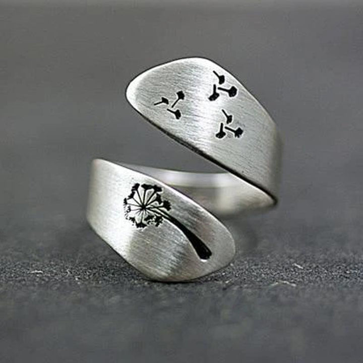 Women's dandelion design adjustable silver ring, a unique piece of nature jewelry