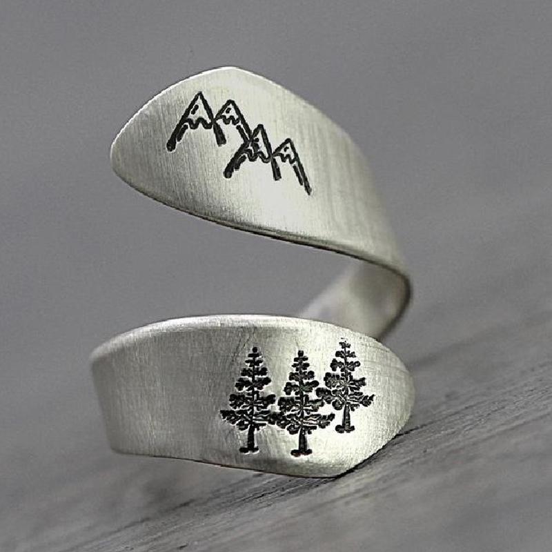Mountain scene engraved on an adjustable silver ring for women, fashion jewelry