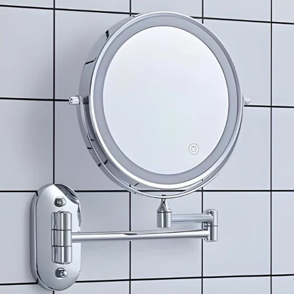 Silver rechargeable LED vanity mirror with adjustable lighting, 360° rotation, and various magnification options for precise 