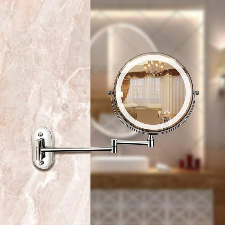 Silver rechargeable LED vanity mirror with adjustable lighting, 360° rotation, and various magnification options for precise 