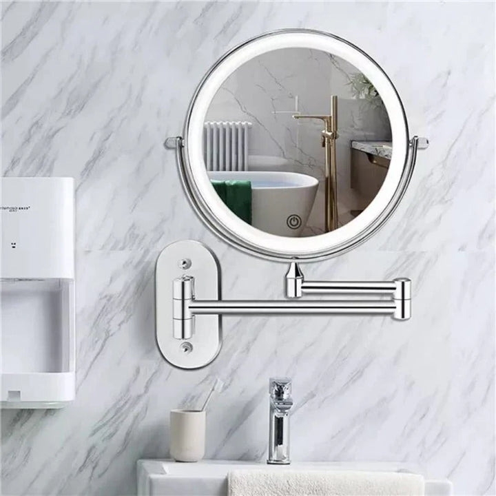 Silver rechargeable LED vanity mirror with adjustable lighting, 360° rotation, and various magnification options for precise 
