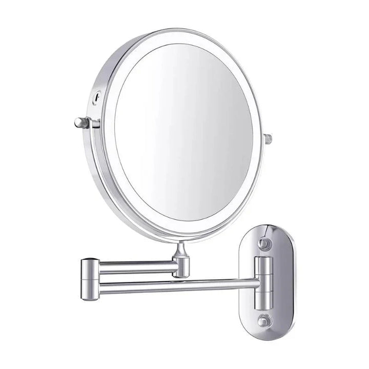 Silver rechargeable LED vanity mirror with adjustable lighting, 360° rotation, and various magnification options for precise 