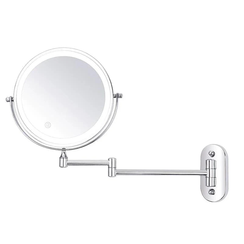 Silver rechargeable LED vanity mirror with adjustable lighting, 360° rotation, and various magnification options for precise 