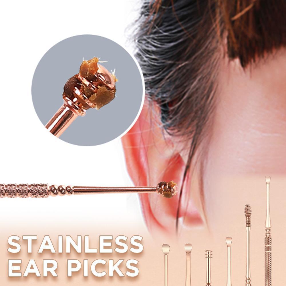 Unisex ear care set: 6 stainless steel tools in rose gold for safe and thorough earwax removal.