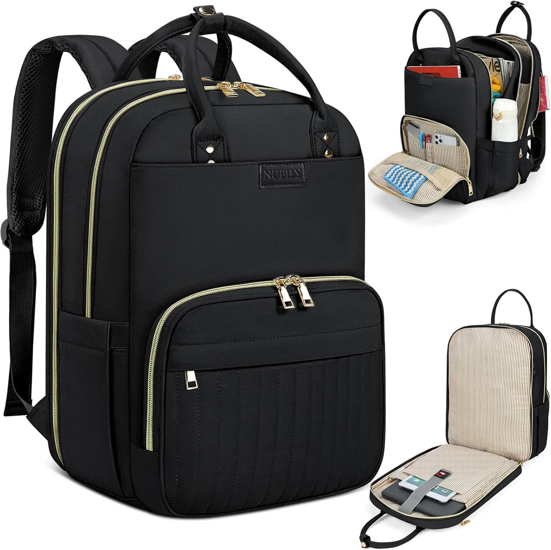 Sleek black unisex water-resistant travel backpack, fits 15.6-inch laptops, ideal for daily commute & travel.