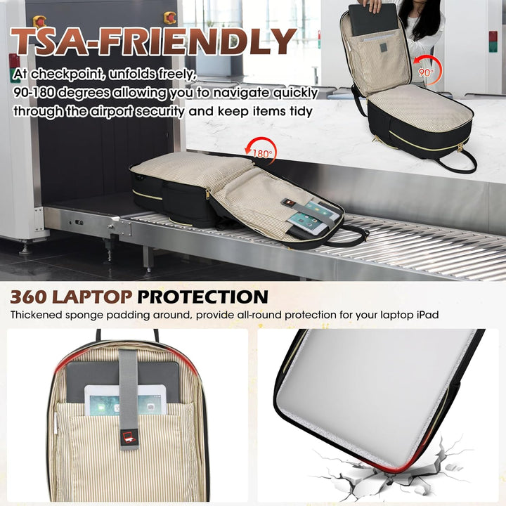 Secure black water-resistant laptop travel backpack, designed for 15.6" laptops & organized essentials.