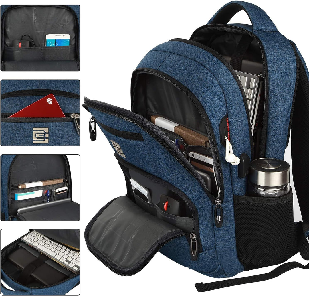 Interior of an organized anti-theft laptop backpack, displaying dedicated laptop & tablet sleeves.
