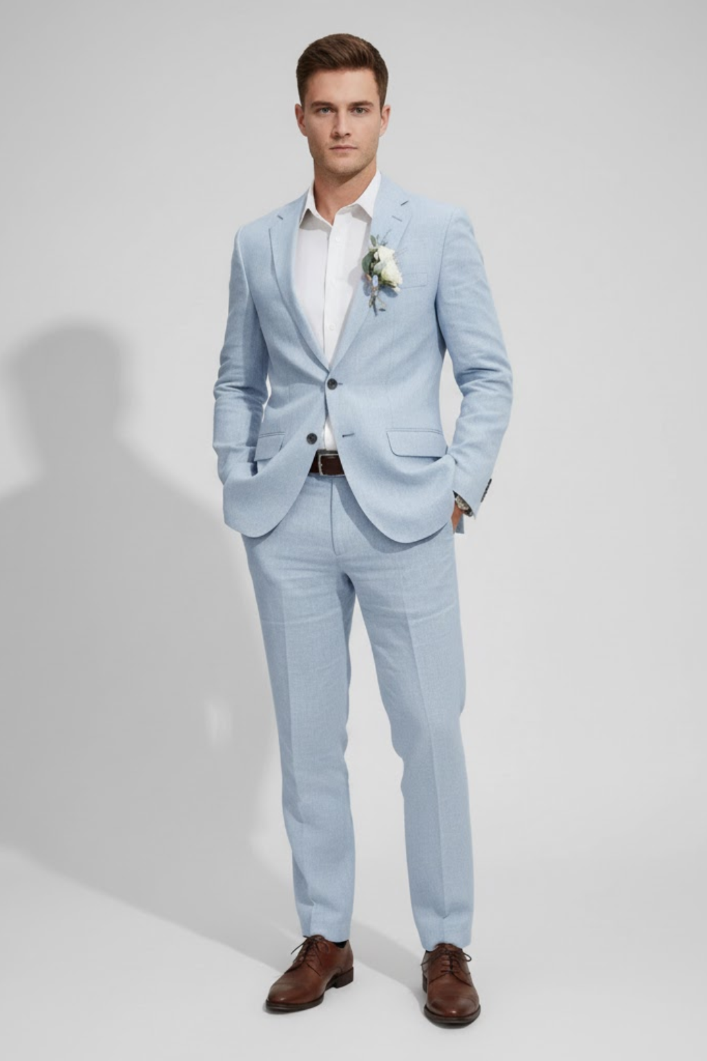 Elegant slim fit men's suit, a two-piece formal wear option for modern grooms & business professionals. Smart casual.