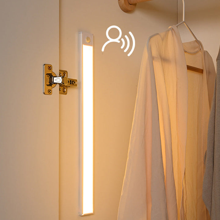 Rechargeable LED cabinet light with smart motion sensor, offering convenient, hands-free lighting for dark areas.