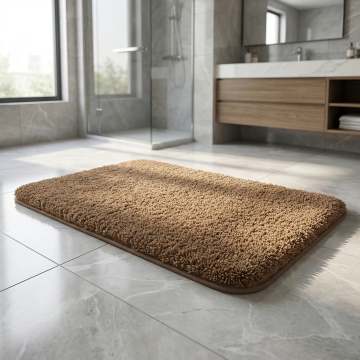 Unisex Flowique rectangular plush bath mat for ultimate bathroom comfort. Features wave design, non-slip, & absorbent.
