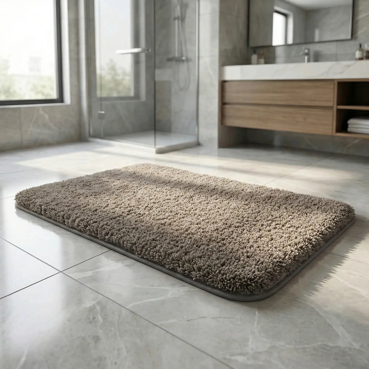 Flowique plush rectangular bath mat with waves. Machine washable, soft, & absorbent bathroom rug for modern home decor.
