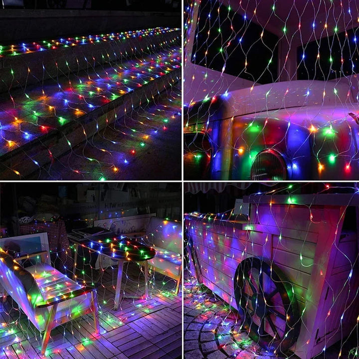 Garden path lit by sparkling warm white solar mesh lights, enhancing night time visibility