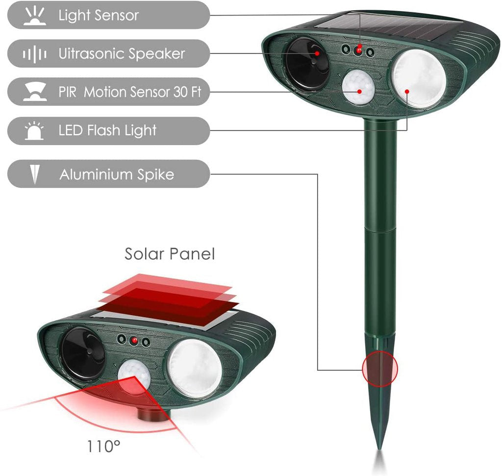 Outdoor solar pest control device. Ultrasonic repeller deters dogs & animals from gardens & yards, motion-activated.
