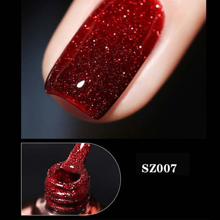 Woman showcasing her long-lasting sparkling glitter gel nails, a perfect beauty accessory
