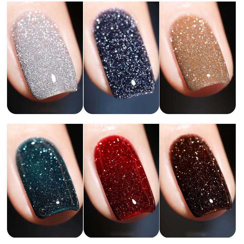 Close-up of a hand with long-lasting glitter gel nail polish, perfect for a shimmering manicure