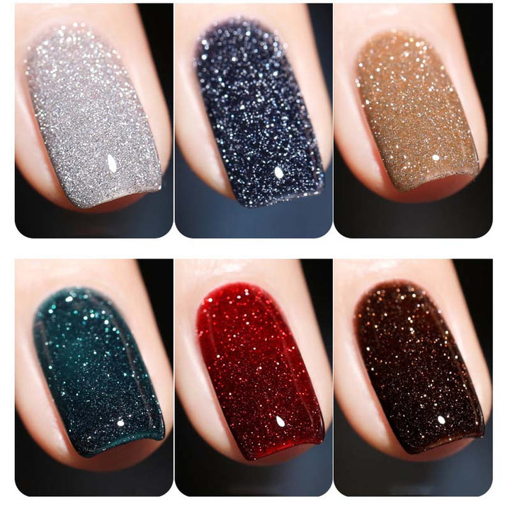 Close-up of a hand with long-lasting glitter gel nail polish, perfect for a shimmering manicure