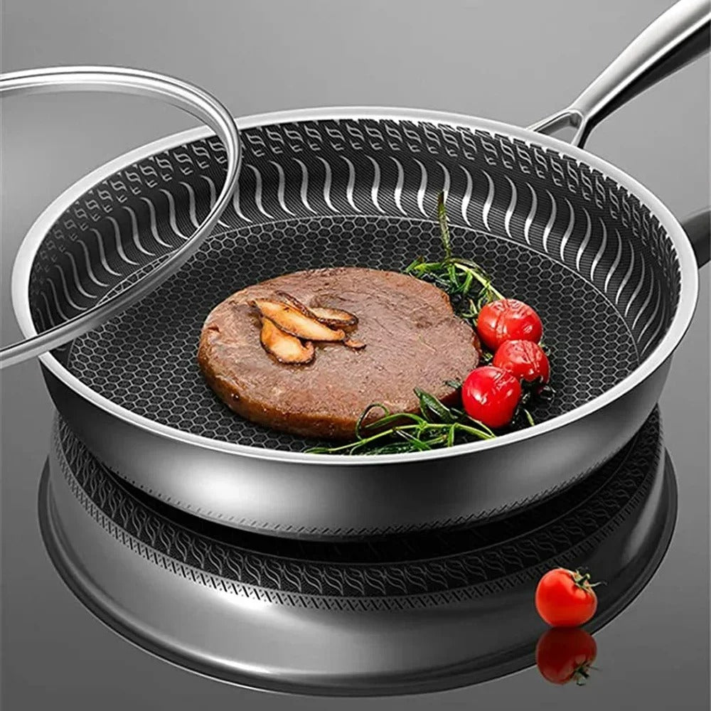 "Stainless steel honeycomb non-stick wok with ergonomic handle, showcasing durable surface and sleek stir-fry design."