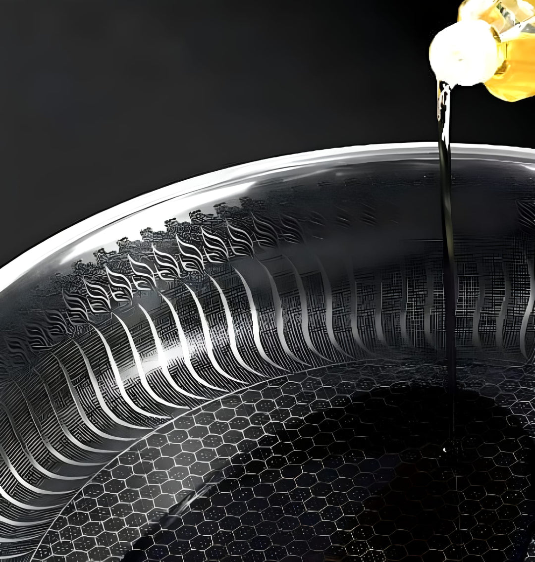 "Stainless steel honeycomb non-stick wok with ergonomic handle, showcasing durable surface and sleek stir-fry design."