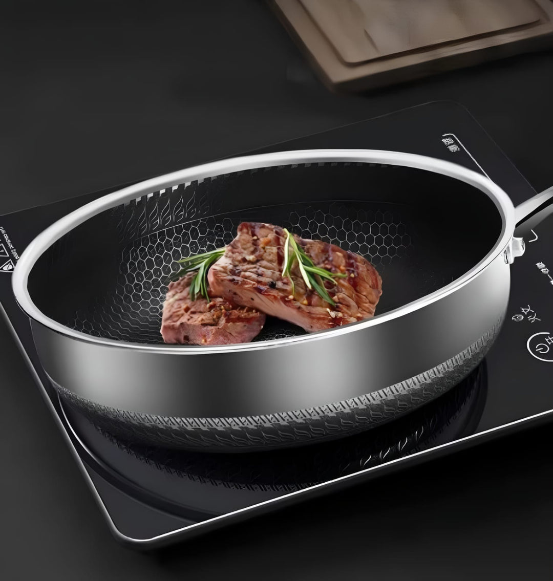 "Stainless steel honeycomb non-stick wok with ergonomic handle, showcasing durable surface and sleek stir-fry design."