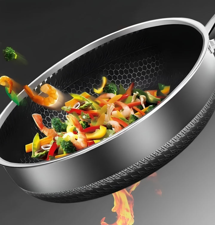 "Stainless steel honeycomb non-stick wok with ergonomic handle, showcasing durable surface and sleek stir-fry design."