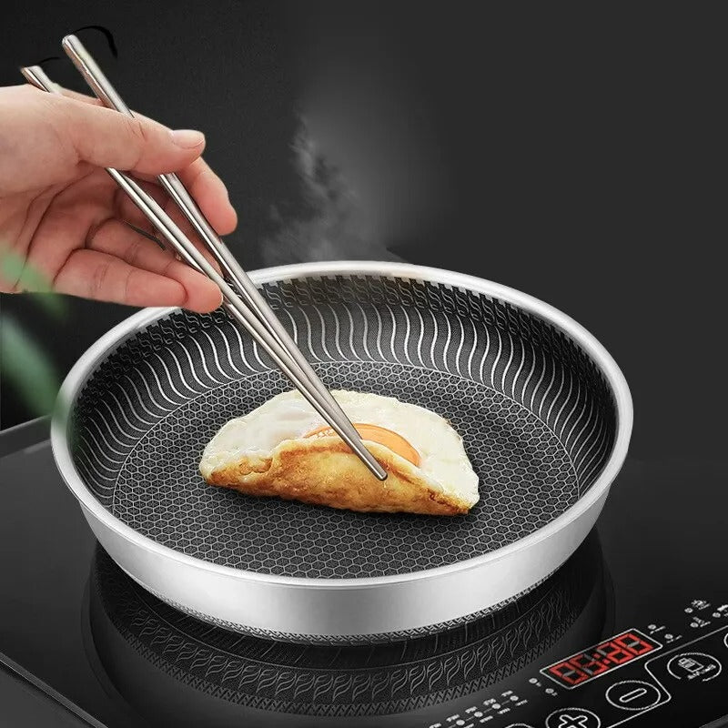 "Stainless steel honeycomb non-stick wok with ergonomic handle, showcasing durable surface and sleek stir-fry design."