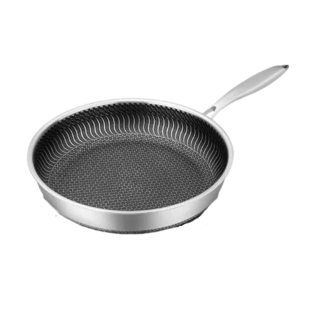 "Stainless steel honeycomb non-stick wok with ergonomic handle, showcasing durable surface and sleek stir-fry design."