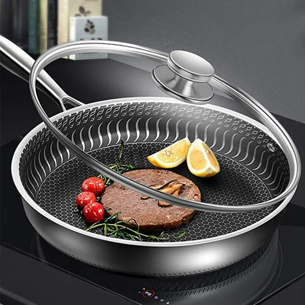 "Stainless steel honeycomb non-stick wok with ergonomic handle, showcasing durable surface and sleek stir-fry design."