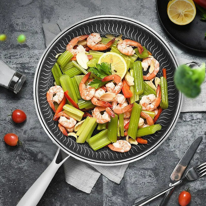 "Stainless steel honeycomb non-stick wok with ergonomic handle, showcasing durable surface and sleek stir-fry design."
