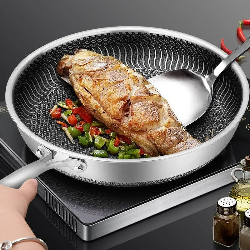 "Stainless steel honeycomb non-stick wok with ergonomic handle, showcasing durable surface and sleek stir-fry design."