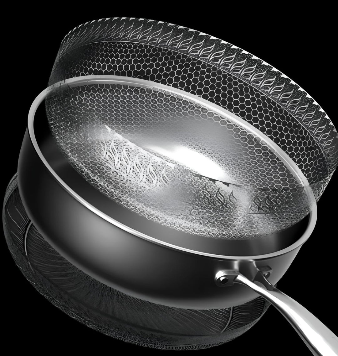 "Stainless steel honeycomb non-stick wok with ergonomic handle, showcasing durable surface and sleek stir-fry design."