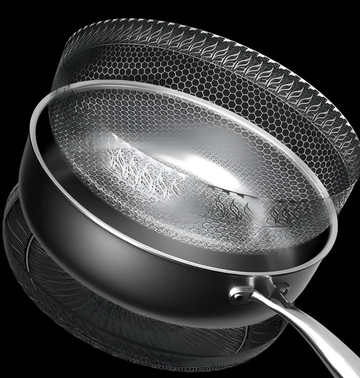 "Stainless steel honeycomb non-stick wok with ergonomic handle, showcasing durable surface and sleek stir-fry design."