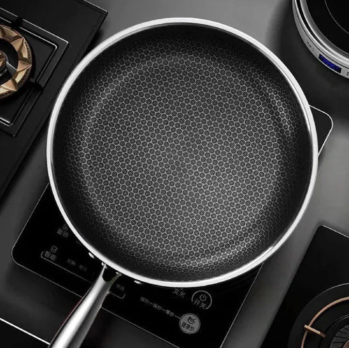 "Stainless steel honeycomb non-stick wok with ergonomic handle, showcasing durable surface and sleek stir-fry design."
