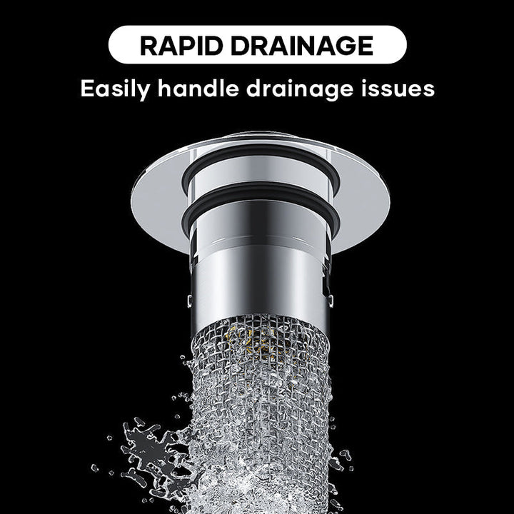 Kitchen sink drain filter, stainless steel pop-up design with integrated anti-clog basket